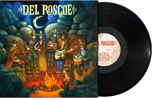 Vinyl record with a colorful album cover featuring musicians around a campfire.