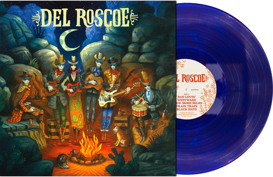 Vinyl record with colorful cover art featuring musicians around a campfire, titled 'Del Roscoe'.