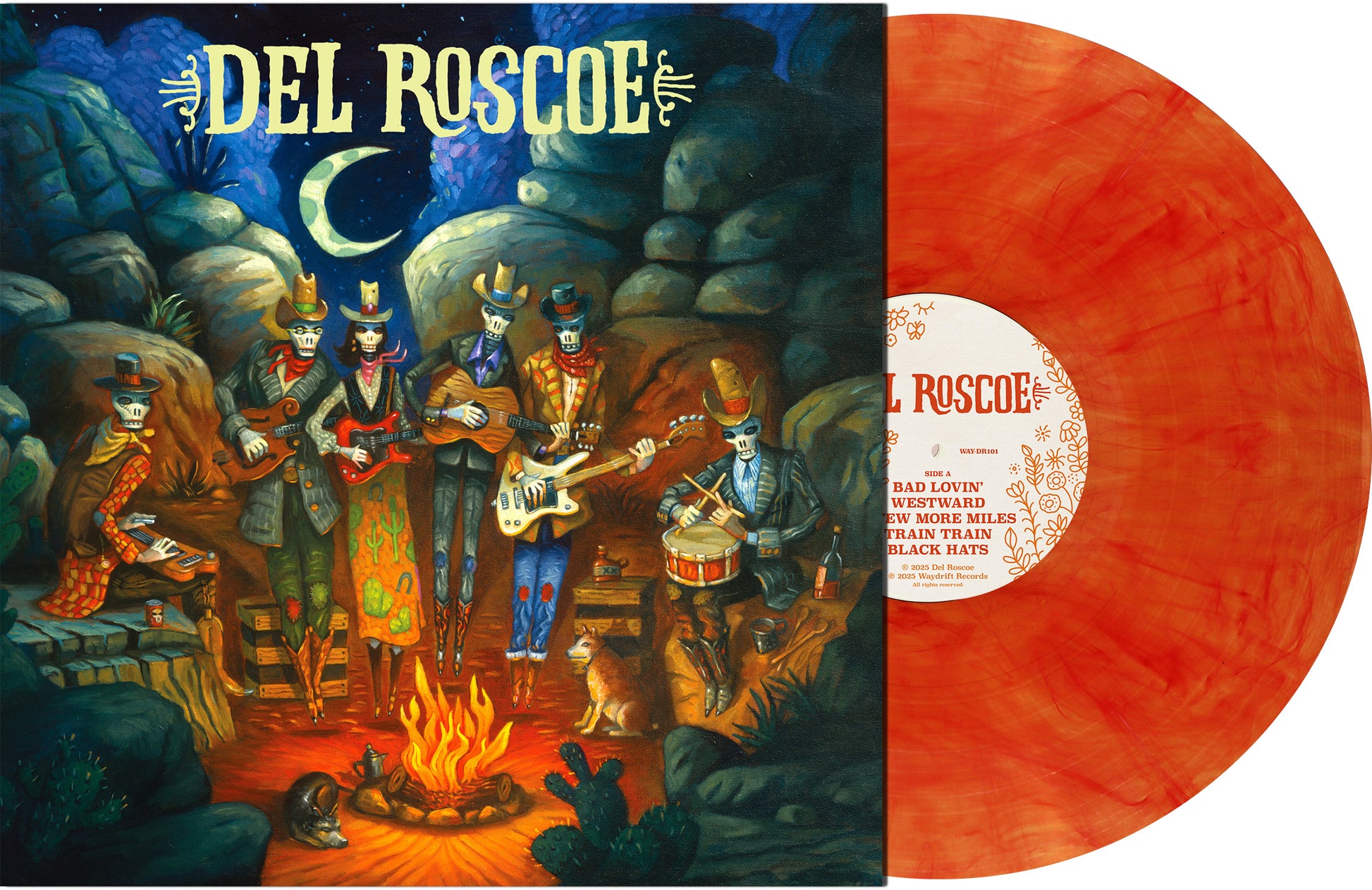 Vinyl record with colorful cover art featuring musicians around a campfire, titled 'Del Roscoe'.